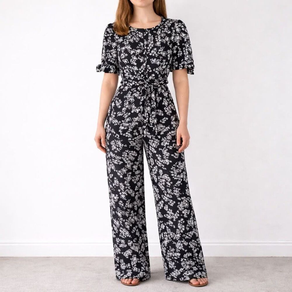 Calvin Klein Black Floral Wide Leg Belted Jumpsuit, size 10